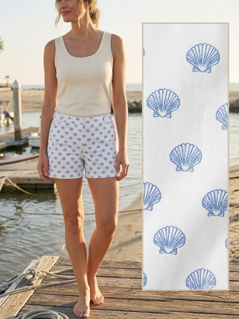NWT Caribbean Joe White Cotton Shorts with Blue Shell Print 5”inseam
